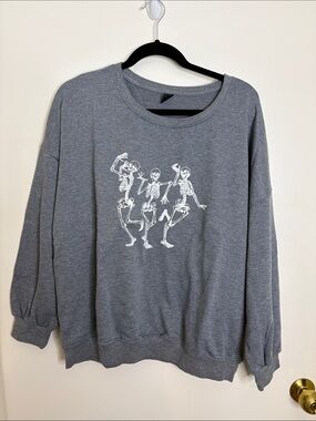 SHEIN Gray Crewneck Sweatshirt with White Dancing Skeleton Graphic